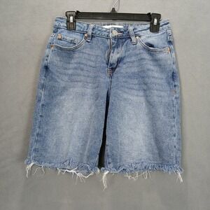 Madden Girl Bermuda Shorts Women 3 Blue Denim Cotton Stretch Mid Rise Frayed Hem